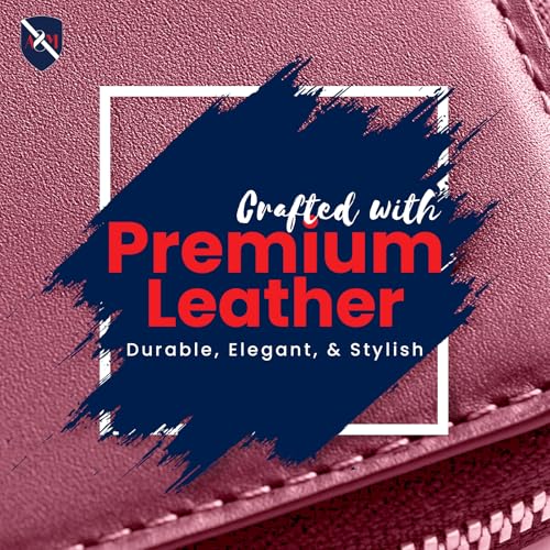 ALLEN & MATE Leather Passport Holder for Travel, RFID Zip Travel Wallet - color: Maroon