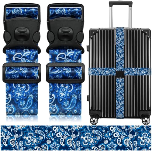 Luggage Straps for Suitcases, Travel Adjustable Belt with Quick Release Buckle, Heavy Duty Nylon Bag Packing Strap, Unique Bright Identifiers Business Travel Accessories (2 Pack) - Blue Pattern - color: Blue Pattern