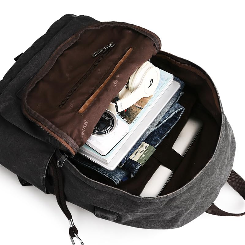 Muzee Canvas Backpack for Men and Women with 15.6 inch Laptop Compartment - color: Black