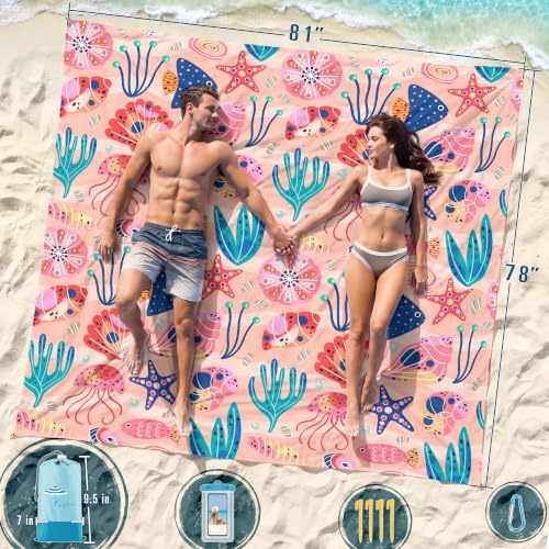 Beach Blanket Sandproof Waterproof Oversized 78"x81"/10'x9' Compact mat - color: Pink Ocean, size: 78''×81''