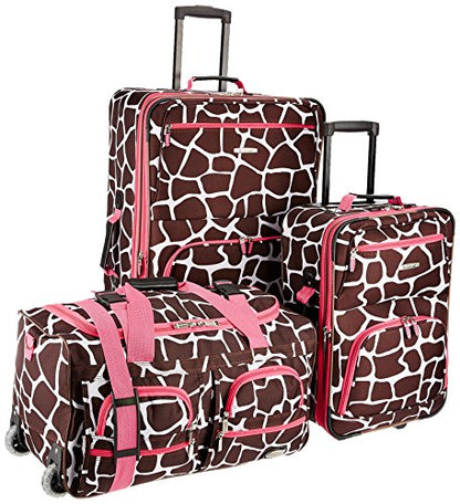 Rockland Vara Softside 3-Piece Upright Luggage Set,Expandable, Pink Giraffe, (20/22/28) - color: Pink Giraffe