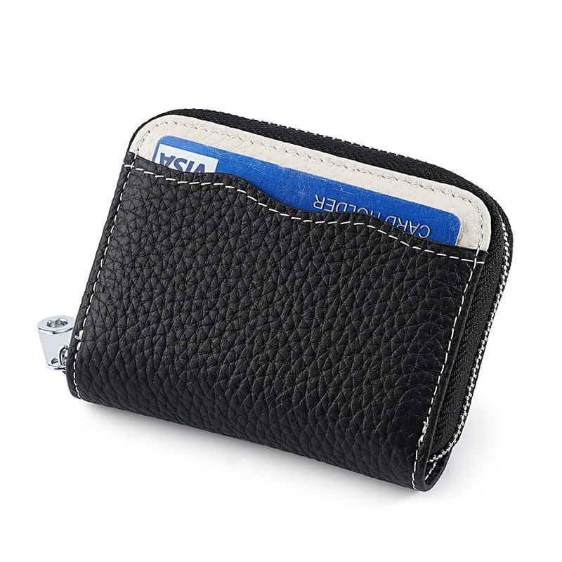 Linno RFID 20 Slots Credit Card Holder Genuine Leather Small Wallet for Women or Men with Zipper - color: New Red