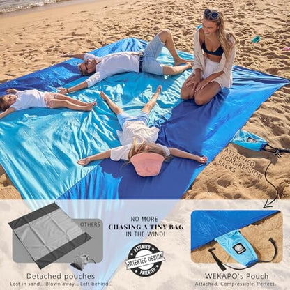 WEKAPO Beach Blanket Sandproof Waterproof, Extra Large Beach Mat, Oversized & Compact Sand Free, Quick Drying Beach Essentials for Vacation, Cruise, Picnic & Camping with Stakes - color: Blue, size: 9x10 FT (1～8 person)