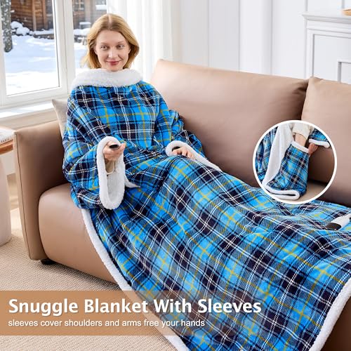 Wearable Heated Blanket with Foot Pocket &Sleeves, Electric Heated Robe - color: Blue Plaid, size: Long