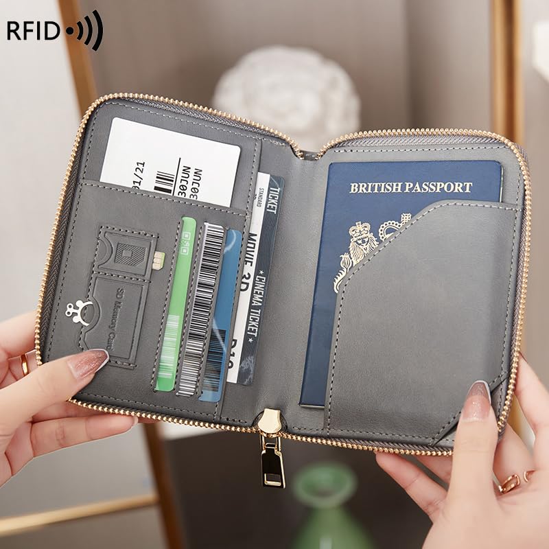 Passport Holder Covers Case with Safe Zipper Closure, RFID Blocking PU Leather Waterproof Travel Wallet for Women Men(Grey) - color: Grey