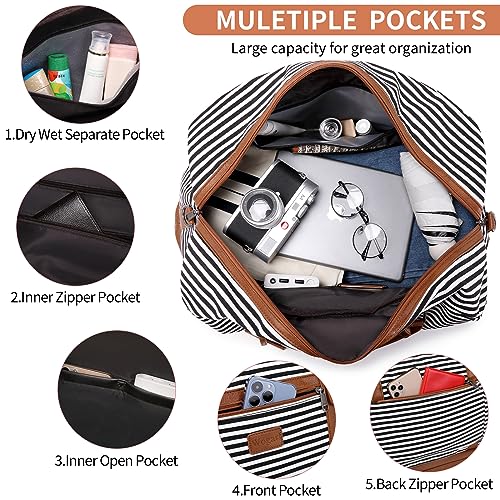 4PCS Weekender Bags for Women Large Overnight Weekend Travel Duffel Bags - color: Black White Stripe