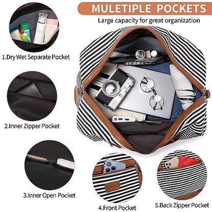4PCS Weekender Bags for Women Large Overnight Weekend Travel Duffel Bags - color: Black White Stripe