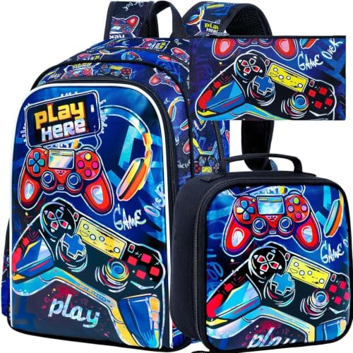CCJPX 3Pcs Backpack for Boys, 16 Inch Preschool Elementary Kindergarten School Backpacks and Lunch Box - color: Aa2-game Red