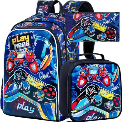 CCJPX 3Pcs Backpack for Boys, 16 Inch Preschool Elementary Kindergarten School Backpacks and Lunch Box - color: Aa2-game Red