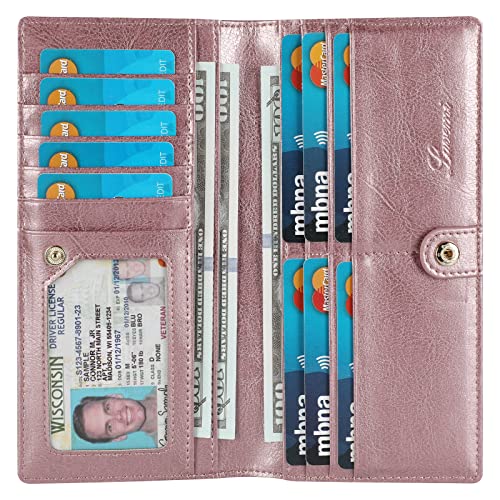 Lavemi Ultra Slim Thin Leather Women Wallet RFID Blocking Credit Card Holder Bifold Long Ladies Billfold - color: 1-waxed Rose Gold