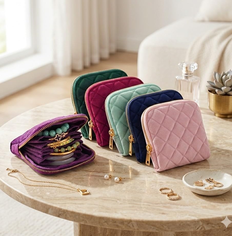 Jewelry Organizer Case, Small Travel Velvet Pouch, Portable - color: Blush Pink Quilted