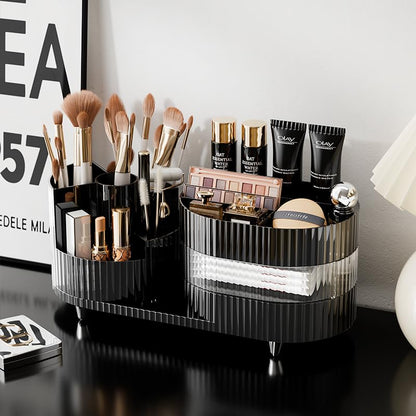 Rotating Vanity Organizer with Brush Holder and Drawer, 3 Layer Cosmetic Skincare Storage, Large Countertop Makeup Perfume & Lotions Display Case (Black) - color: 3 Layer Rotating Makeup Organizer-Black