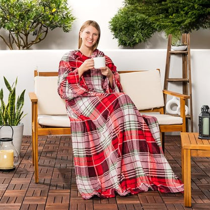 PAVILIA Blanket with Sleeves for Adult Women Men, Soft Warm Wearable Blanket Fleece Wrap Throw, Robe Blanket Gift - color: Christmas Plaid