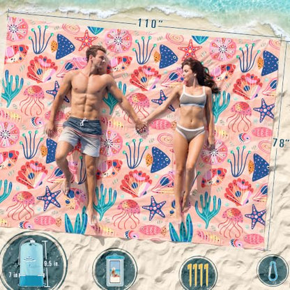 Beach Blanket Sandproof Waterproof Oversized 78"x81"/10'x9' Compact mat - color: Pink Ocean, size: 78''×110''