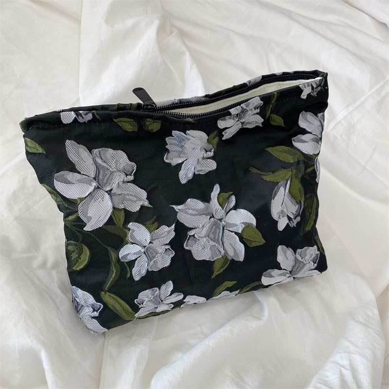 Flat Makeup Bag for Women,Zipper Cosmetic Pouch Purse,Brocade Floral Black - color: Brocade Floral Black
