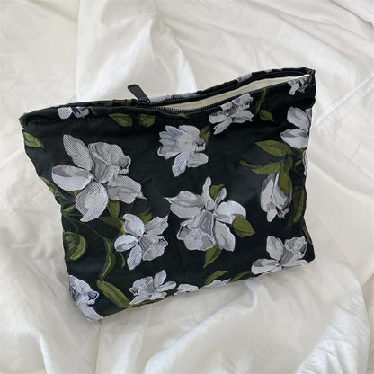 Flat Makeup Bag for Women,Zipper Cosmetic Pouch Purse,Brocade Floral Black - color: Brocade Floral Black