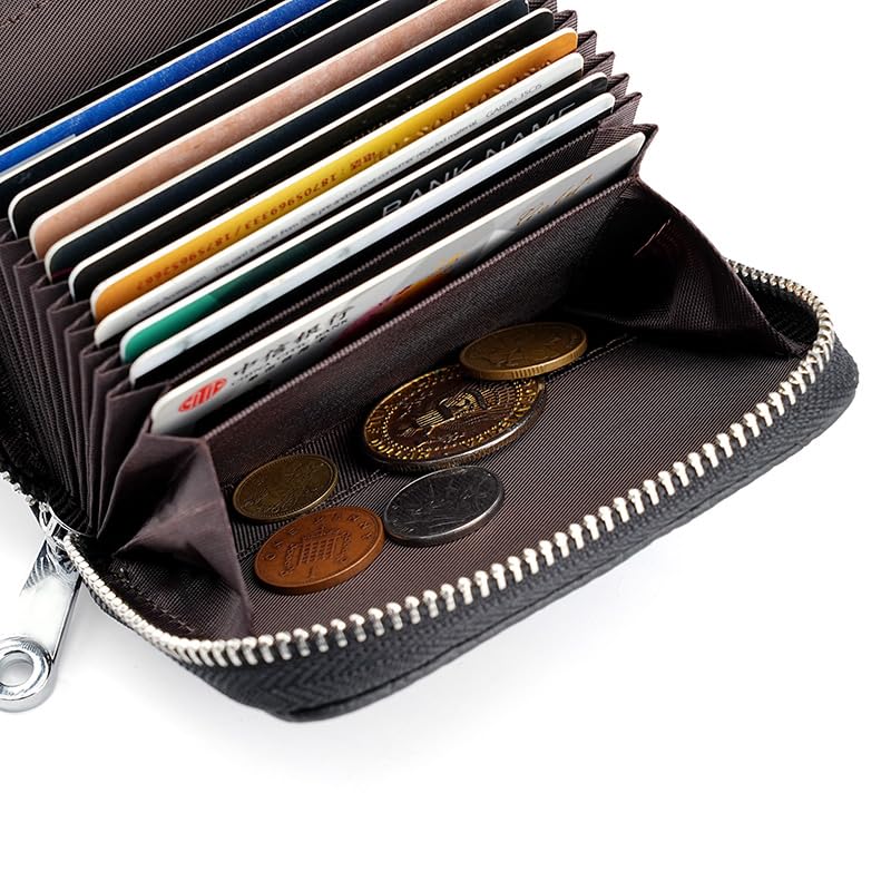 Linno RFID 20 Slots Credit Card Holder Genuine Leather Small Wallet for Women or Men with Zipper - color: New Red