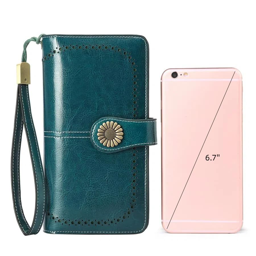 SENDEFN Wallets for Women Leather Credit Card Holder with RFID Blocking Large Capacity Wristlet - color: 1-Wax-A-Blue