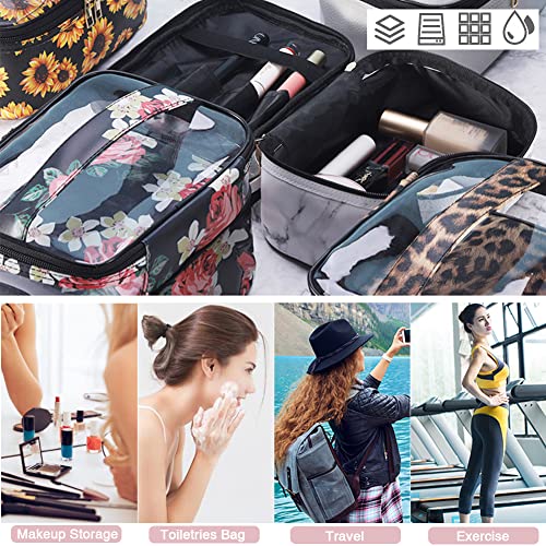 FITINI Makeup Bags Double Layer Travel Storage Cosmetic Cases Make up Organizer Toiletry Bags Water-resistant for Women Makeup Brush Bag,Black Peony - color: Black Peony
