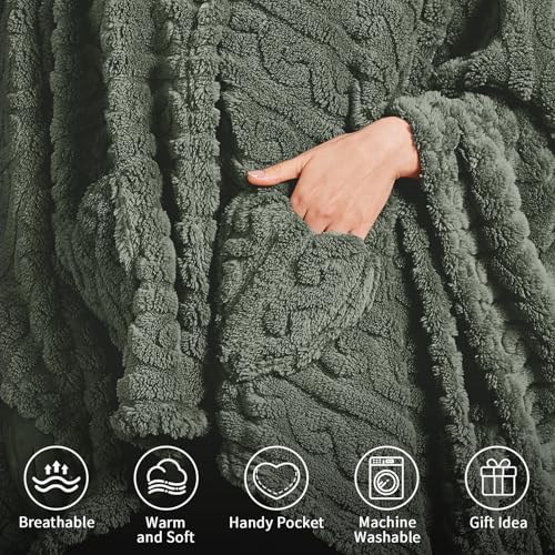 Wearable Blanket Poncho Cape Wrap for Adult, Cozy Sherpa Fleece Pocketed Shawl TV Throw Blankets for Office and Lounge,Green - color: Green