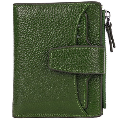 Women's RFID Blocking Leather Small Compact Bi-fold Zipper Pocket Wallet Card Case Purse with id Window - color: Lichee Green
