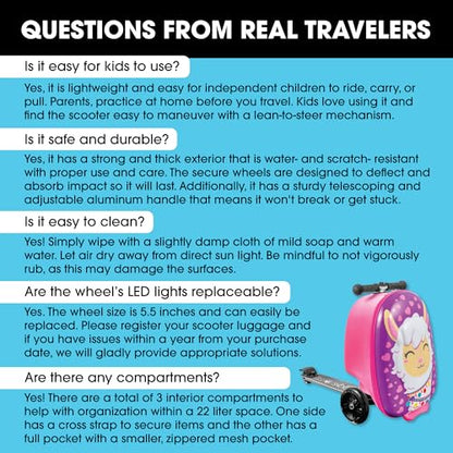 KIDDIETOTES Girls Ride-On Scooter Suitcase, Foldable TSA Carry-On Luggage | Ages 5+, 110 lb riders, 22L packing space, 1-year warranty. 3-D hardshell, telescoping handle, light-up wheels. - style: Alpine Llama