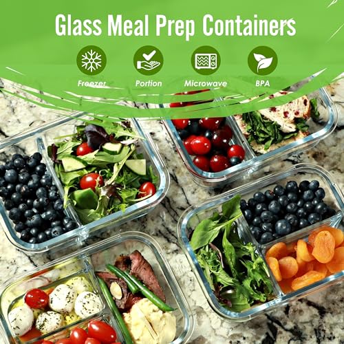 Glass Meal Prep Containers 2 & 3 Compartments with Lids 4 Pack 32 oz - color: Lavender (2,3 compartment - 4 pack, 32oz)