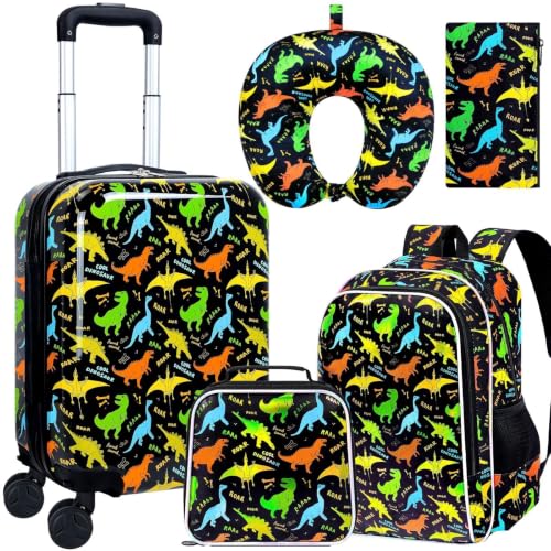 5PCS Kids Luggage Boys Suitcase Set, 16" Hardside Carry-on Dinosaur - color: Hardside Black Dinosaur
