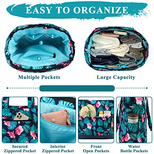VASCHY Beach Bag for Women, Large Waterproof Sandproof Fold-able Packable Pool Tote Bag w Zipper/Pockets - color: Green Flowers
