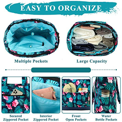 VASCHY Beach Bag for Women, Large Waterproof Sandproof Fold-able Packable Pool Tote Bag w Zipper/Pockets - color: Green Flowers