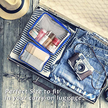 3pcs Crystal Clear Cosmetic Bags TSA Approved Travel Makeup Toiletry Bag - color: 3pcs Blue-1 large, 1 medium, 1 small, size: 1 large, 1 medium, 1 small