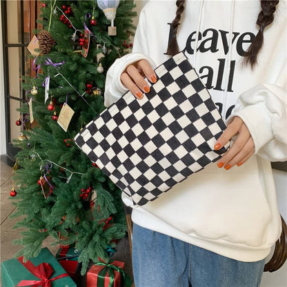 Flat Makeup Bag for Women,Zipper Cosmetic Pouch for Purse,Checkered Black - color: Checkered Black