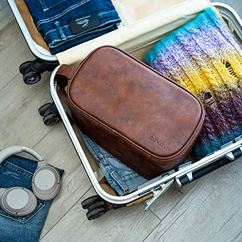 Elviros Toiletry Bag for Men, PU Leather Travel Dopp Kit, 2 Pack Gift Set - color: Dark Brown, size: 2 Piece