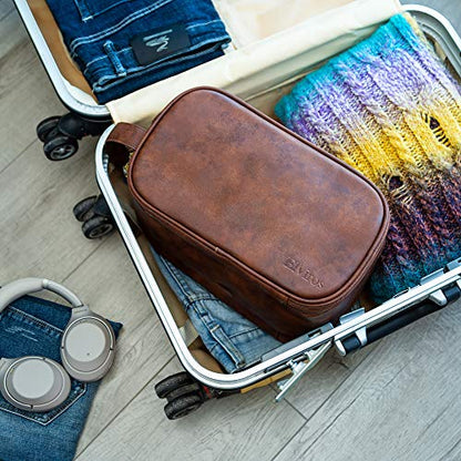 Elviros Toiletry Bag for Men, PU Leather Travel Dopp Kit, 2 Pack Gift Set - color: Dark Brown, size: 2 Piece