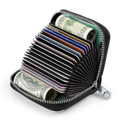 Linno RFID 20 Slots Credit Card Holder Genuine Leather Small Wallet for Women or Men with Zipper - color: New Red