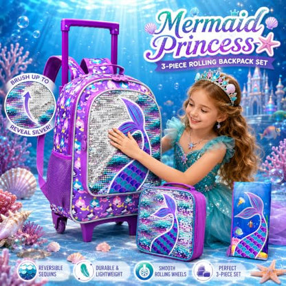 gxtvo Kids Rolling Backpack, Roller Wheels Boys Bookbag, Wheeled Suitcase Elementary School Bag-3PCS Dinosaur/Unicorn/Mermaid - color: Mermaid