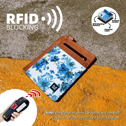Credit Card Holder Wallet Women RFID Blocking Slim Wallet Front Pocket - color: Blue Flowers