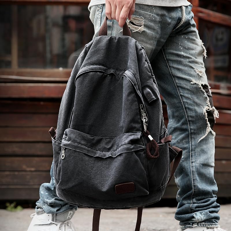 Muzee Canvas Backpack for Men and Women with 15.6 inch Laptop Compartment - color: Black