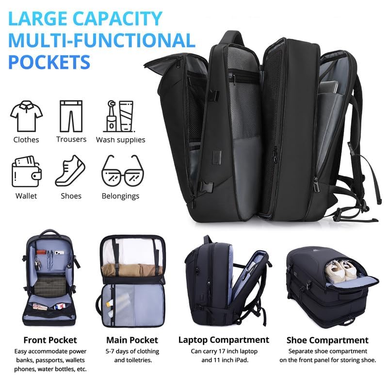Travel Backpack for Men 50L Expandable Flight Approved Carry on Backpacks - color: Black-cubes