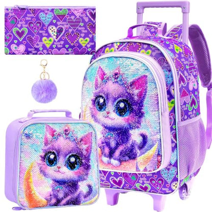KLFVB Rolling Backpack for Girls Boys, Kids Roller Wheels School Bookbag with Lunch Bag, Wheeled School Bag for Children - color: Reversible Sequins Moon Cat Rolling Backpack Set