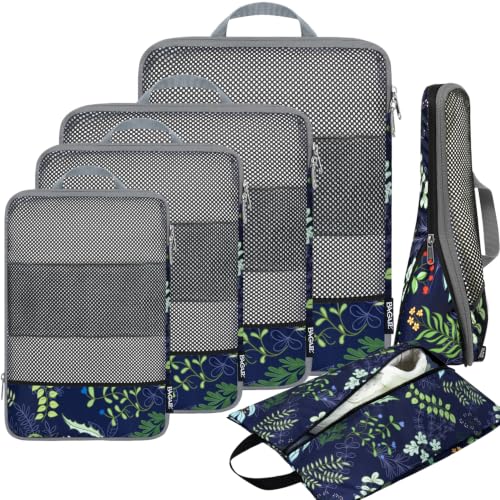 BAGAIL 4 Set/6 Set/8 Set Compression Packing Cubes Travel Accessories Expandable Packing Organizers (Half Mesh, 6-Navy Leaf) - color: 6-Navy Leaf, style: Half Mesh