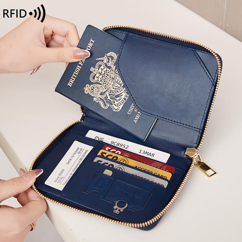 Passport Holder Covers Case with Safe Zipper Closure, RFID Blocking PU Leather Waterproof Travel Wallet for Women Men(Dark Blue) - color: Dark Blue