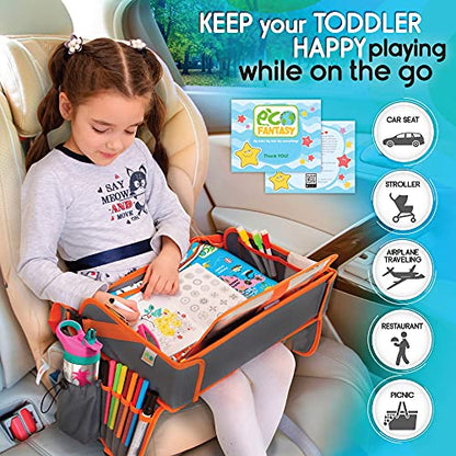 ECOFANTASY Kids Car Seat Travel Tray, Car Table & Lap Desk – Orange - color: ORANGE
