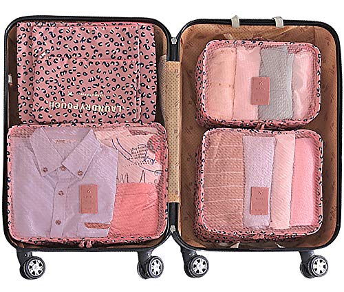 Mossio 7 Set Packing Cubes with Shoe Bag - Travel Carry On Luggage Organizer - color: Pink Leopard