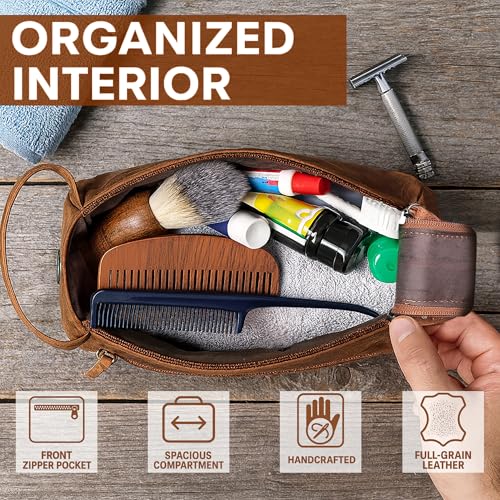 Leather Toiletry Bag – Stylish & Durable Dopp Kit with Water Resistant Lining – Travel Shaving Kit Organizer for Bathroom & Overnight Trips - Great Gift for Men & Women - color: Brown