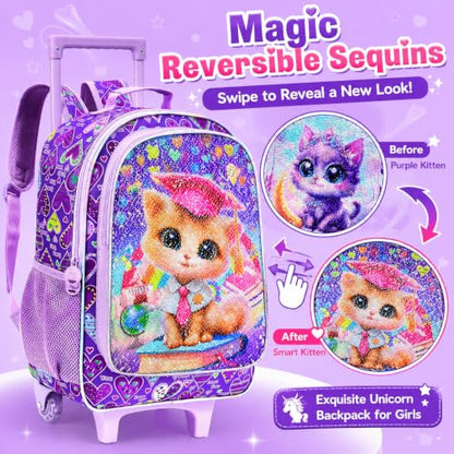 KLFVB Rolling Backpack for Girls Boys, Kids Roller Wheels School Bookbag with Lunch Bag, Wheeled School Bag for Children - color: Reversible Sequins Moon Cat Rolling Backpack Set