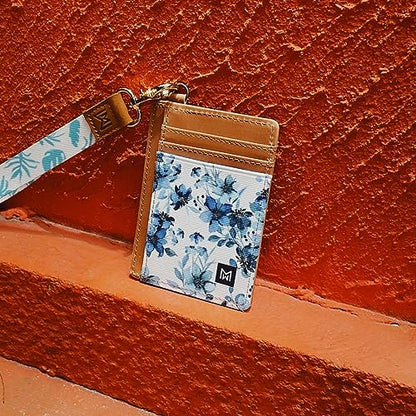 Credit Card Holder Wallet Women RFID Blocking Slim Wallet Front Pocket - color: Blue Flowers
