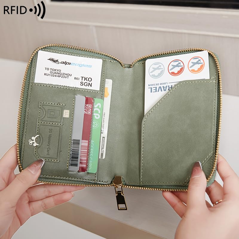 Passport Holder Covers Case with Safe Zipper Closure, RFID Blocking PU Leather Waterproof Travel Wallet for Women Men(Green) - color: Green