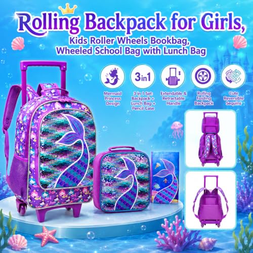 gxtvo Kids Rolling Backpack, Roller Wheels Boys Bookbag, Wheeled Suitcase Elementary School Bag-3PCS Dinosaur/Unicorn/Mermaid - color: Mermaid