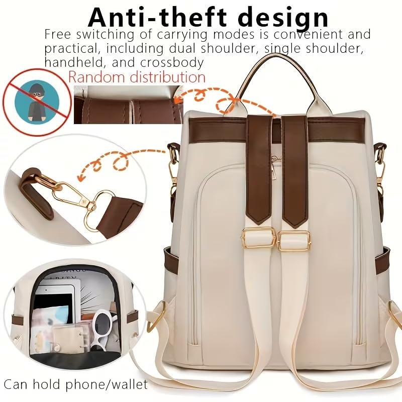 Anti Theft Backpack for Men and Women with Trendy Color Blocking, High End Travel Design, Commuting, Work and Casual Outings, Beige - color: Beige